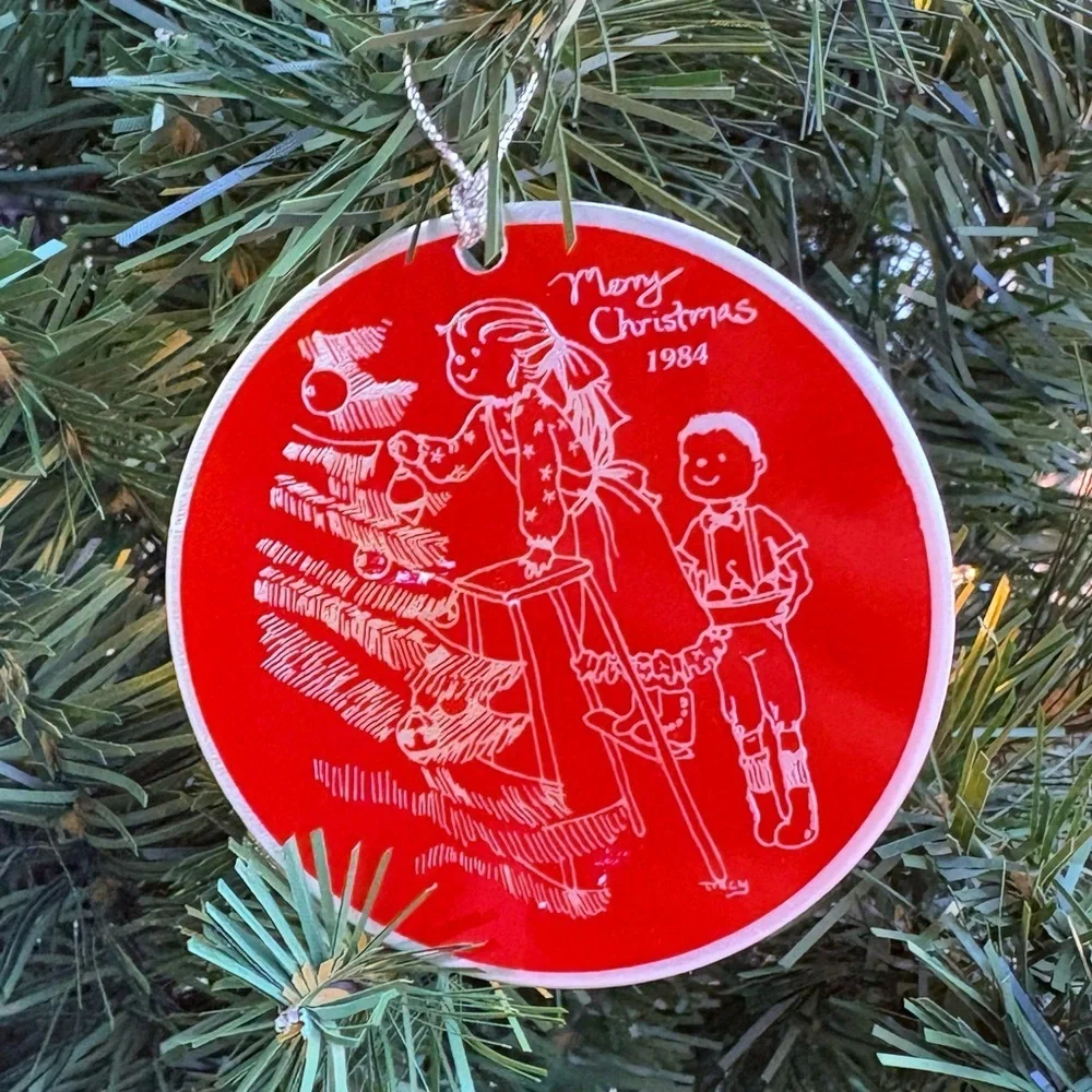 Vintage Holiday Christmas Ornament Red Round 1984 Boy Girl Christmas Tree